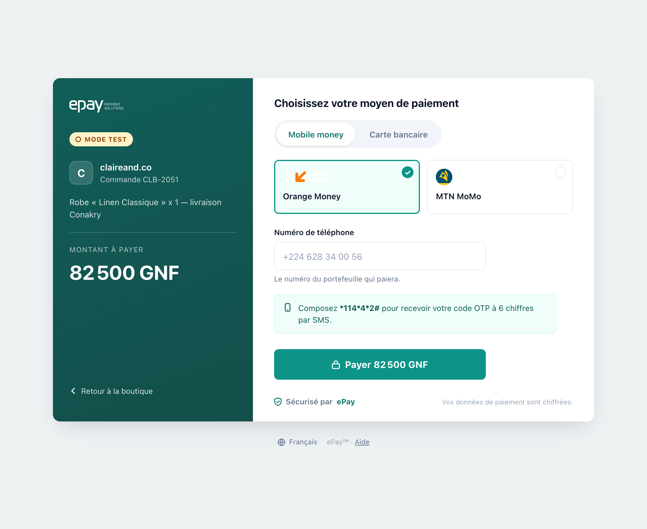 The epay-gateway counter on a desktop browser: a dark panel on the left with the
merchant name, order reference and amount due, and the payment methods as selectable
tiles on the right