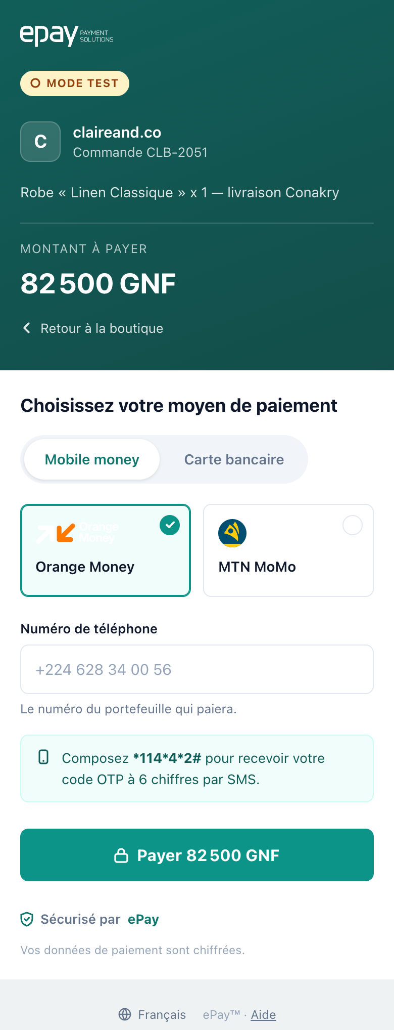 The counter on a phone: the merchant and amount at the top, then the method tiles,
the wallet number field, and the USSD hint for Orange Money